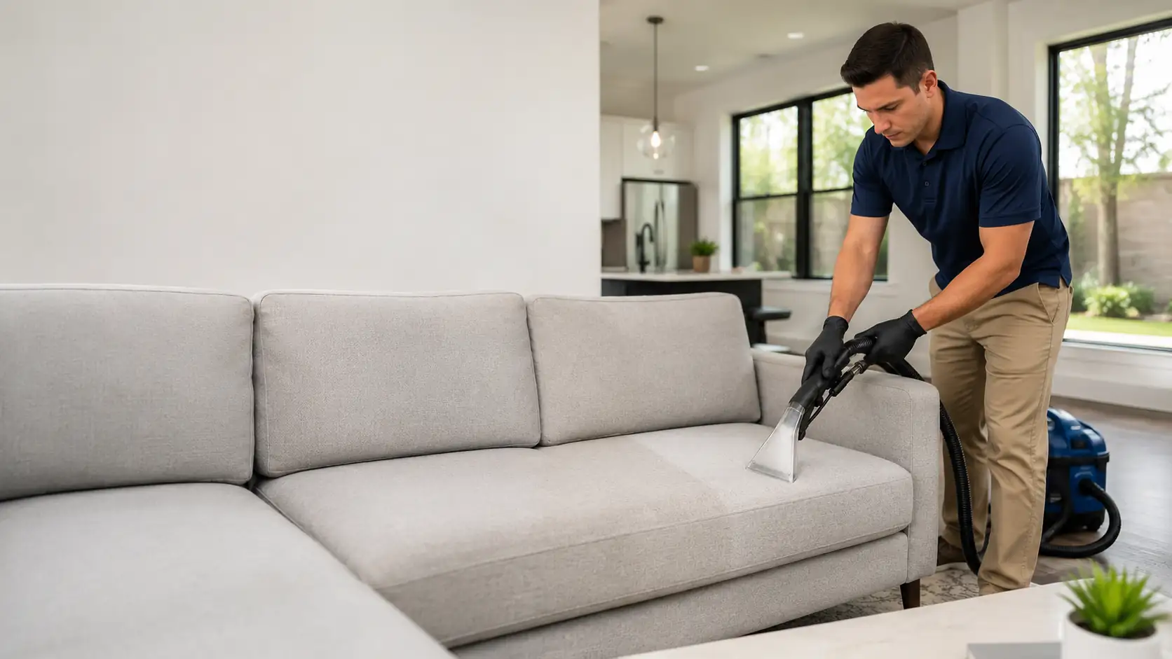 Professional technician cleaning a sofa